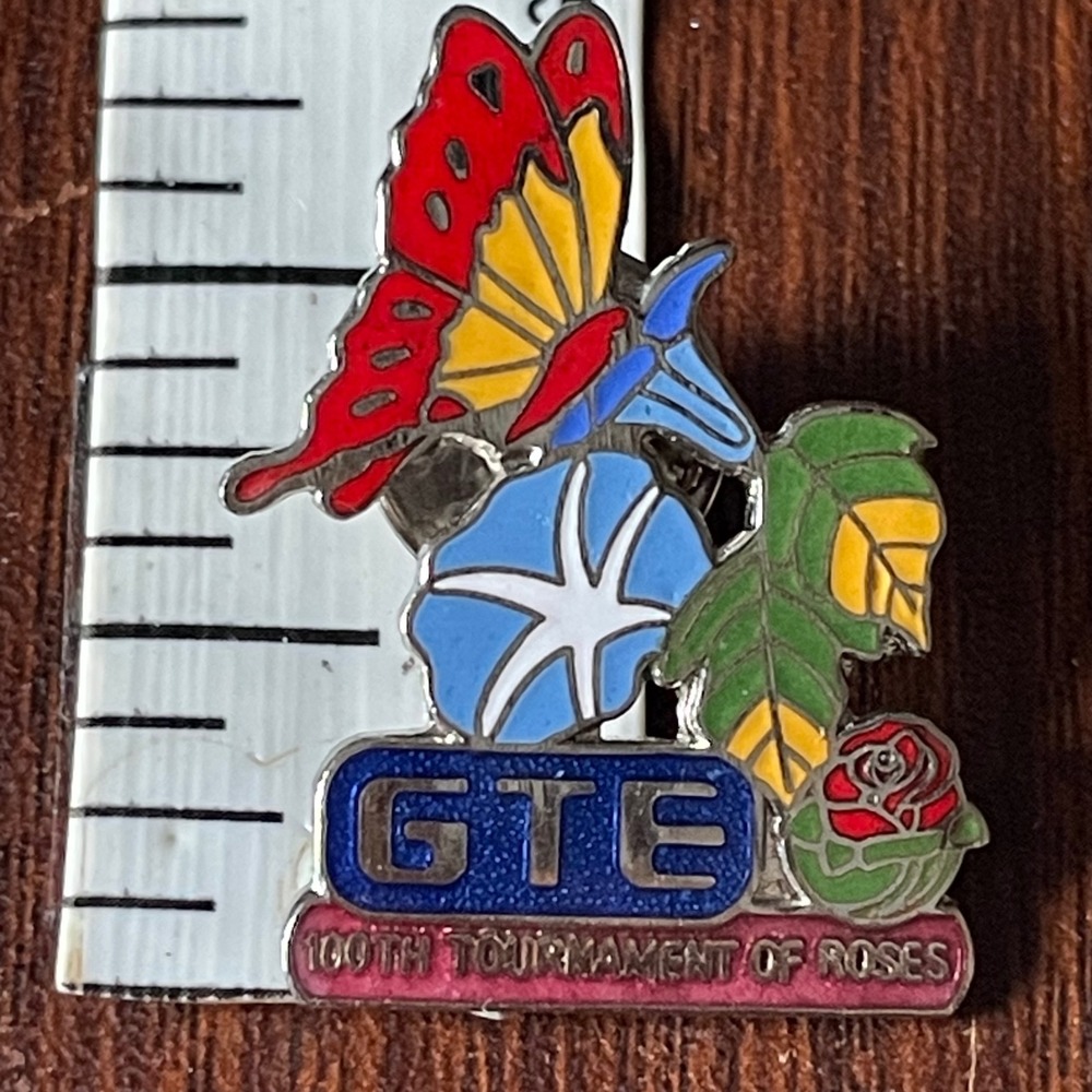 Vintage GTE 100th Tournament of Roses Butterfly Flower Enamel Lapel Pin 1989